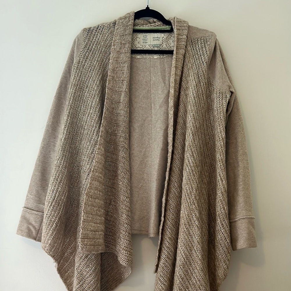 Anthropologie Saturday Sunday Mixed Media Knit Waterfall Sweater in Tan